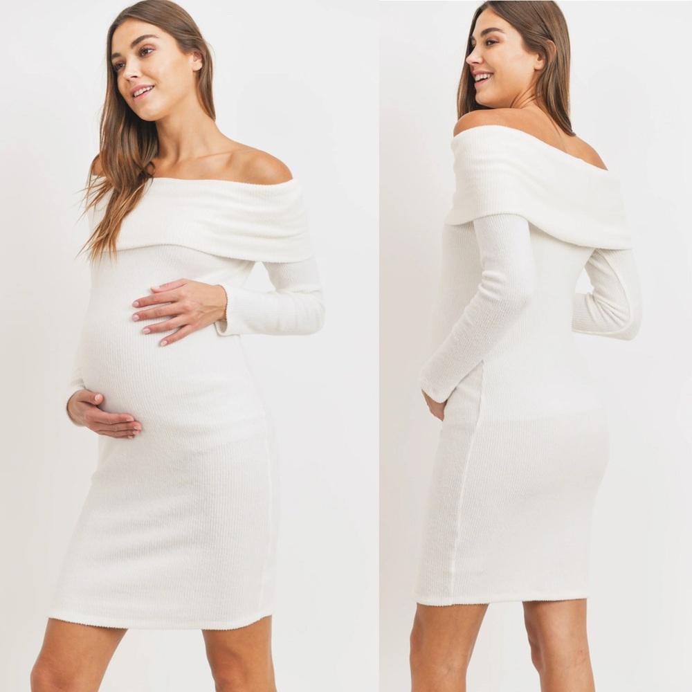 Pinkblush Off White Cream Ribbed Off-Shoulder Long Sleeve Maternity Mini Dress